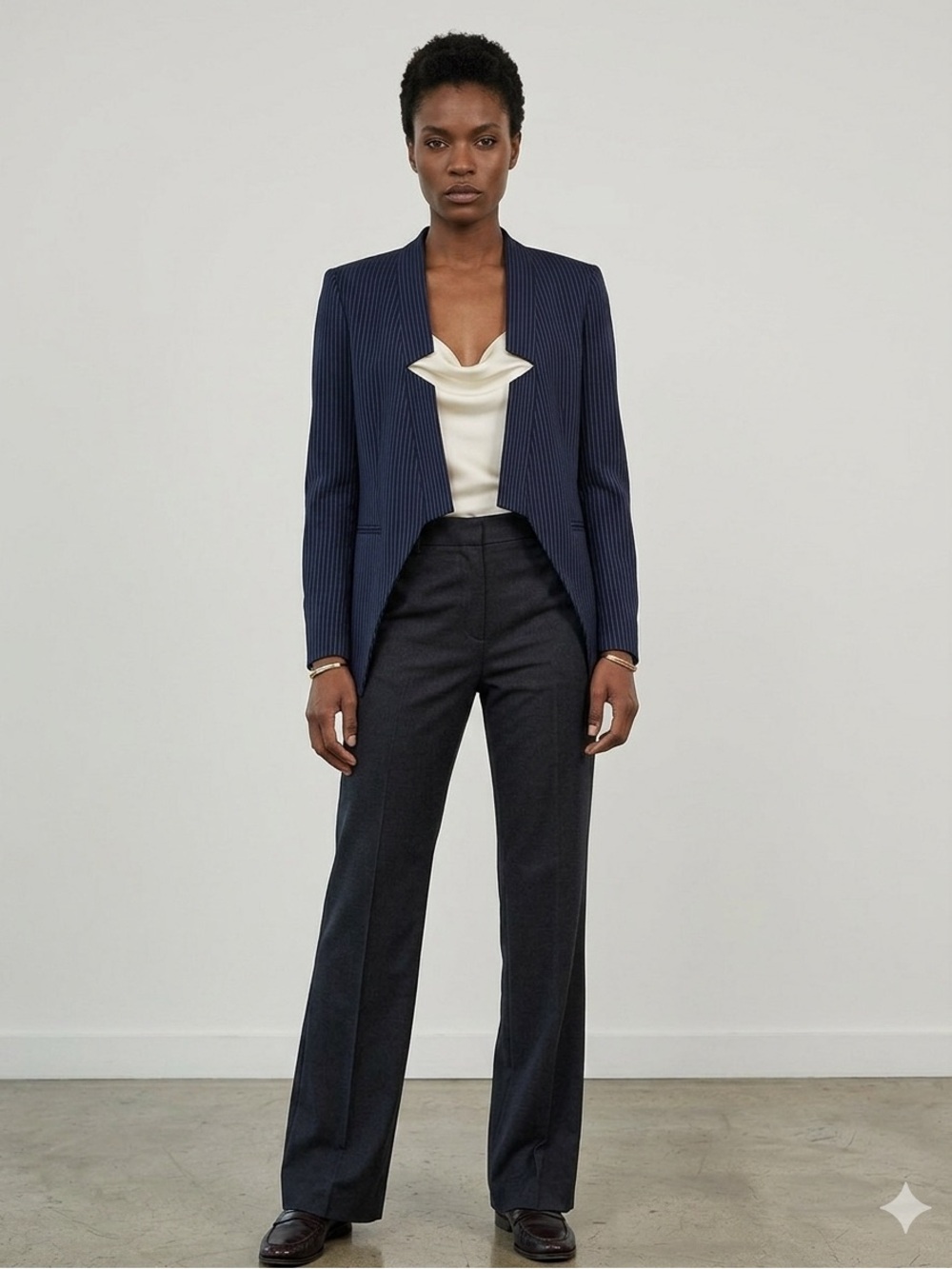 mason Navy Blue Pinstripe Open Front Blazer Jacket Women's Structured Modern 2